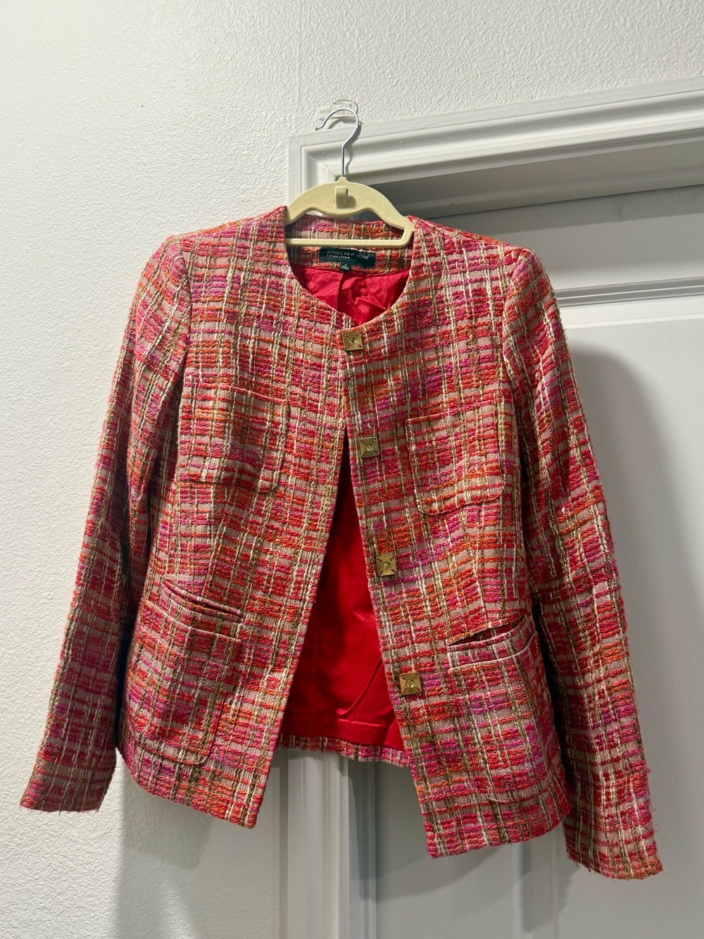 Women’s Pink Tweed Collarless Jacket - Classic Tailored Style Pink and Orange
